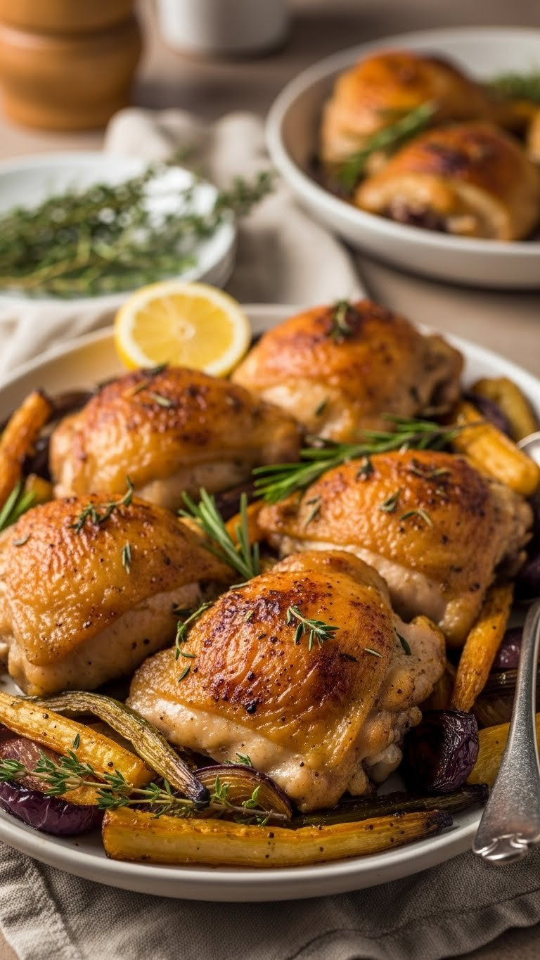Crispy Golden-Brown Bone-In Instant Pot Chicken Thighs With Roasted Vegetables On A Ceramic Platter, Ideal For A Warm Family Dinner.