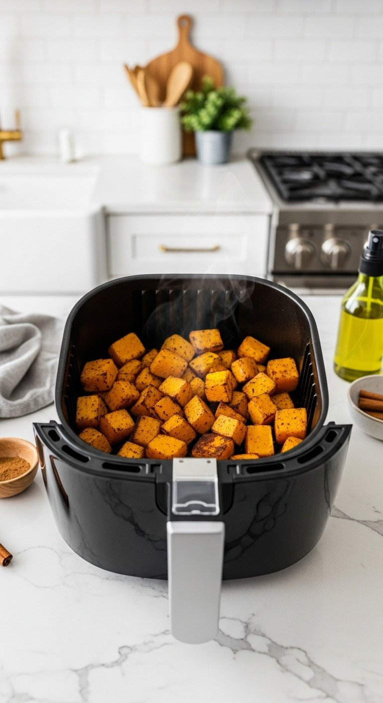 Crispy Golden-Brown Butternut Squash Cubes In An Air Fryer Basket, Lightly Dusted With Cinnamon. Healthy, Easy Air Fryer Recipe.