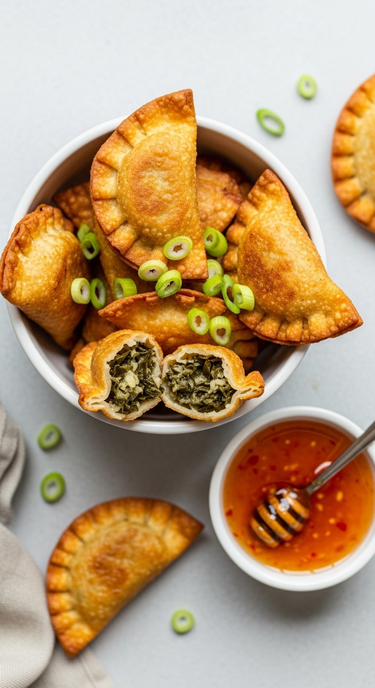 Crispy, Golden-Brown Collard-Stuffed Wontons In A White Bowl With Hot Honey Pimento Dipping Sauce And Green Onions.