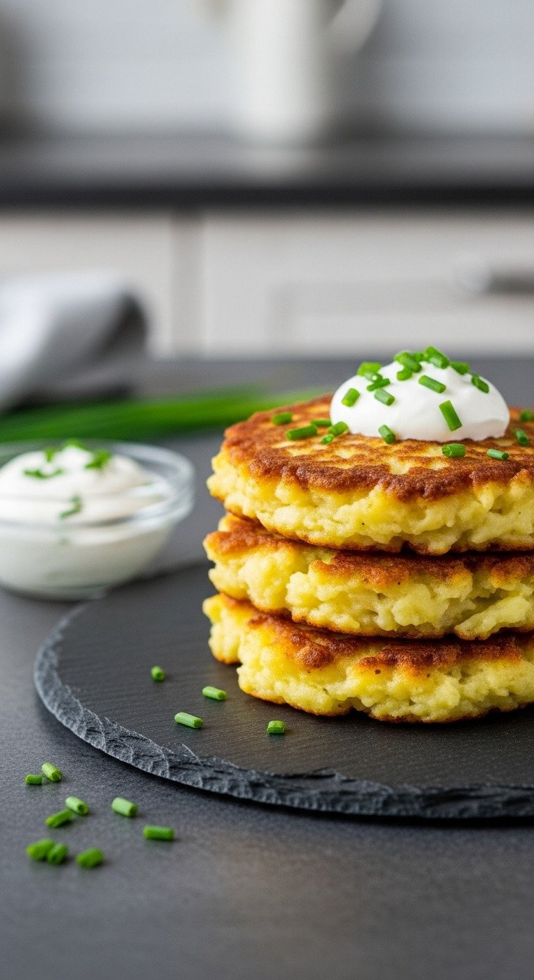 Crispy Golden-Brown Mashed Potato Pancakes Stacked On Slate Plate, Topped With Sour Cream And Fresh Chives. Delicious Breakfast Or Side Dish.