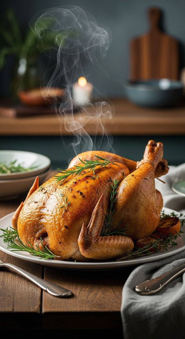 Crispy Golden-Brown Roasted Chicken With Rosemary And Thyme, Steam Gently Rising, Succulent, On A Rustic Wooden Table Centerpiece.