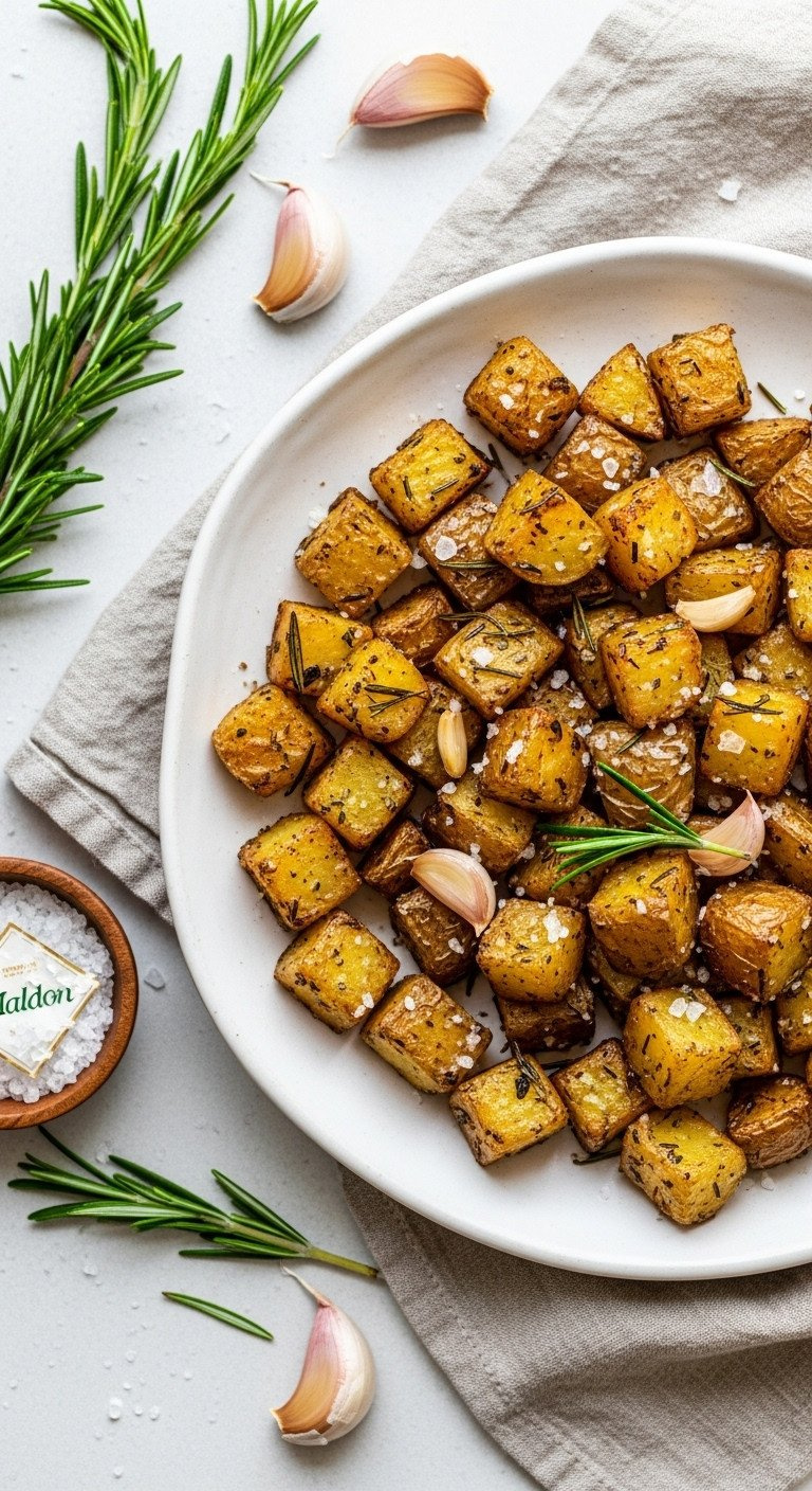 Crispy Golden-Brown Roasted Potatoes With Rosemary, Garlic, And Sea Salt Flakes On A Vintage White Ceramic Platter.