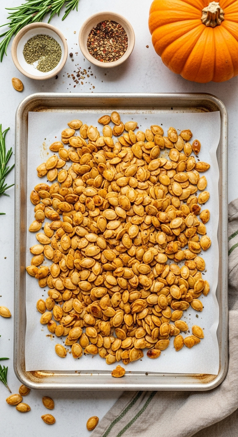 Crispy Golden-Brown Roasted Pumpkin Seeds, Savory Seasoning, Parchment-Lined Baking Sheet, Rosemary.