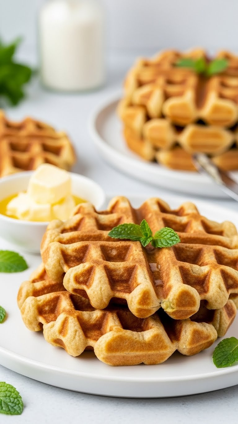 Crispy Golden-Brown Vegan Waffle On White Plate With Melted Butter &Amp; Mint, Highlighting Deep Pockets And Flax Egg Structure.