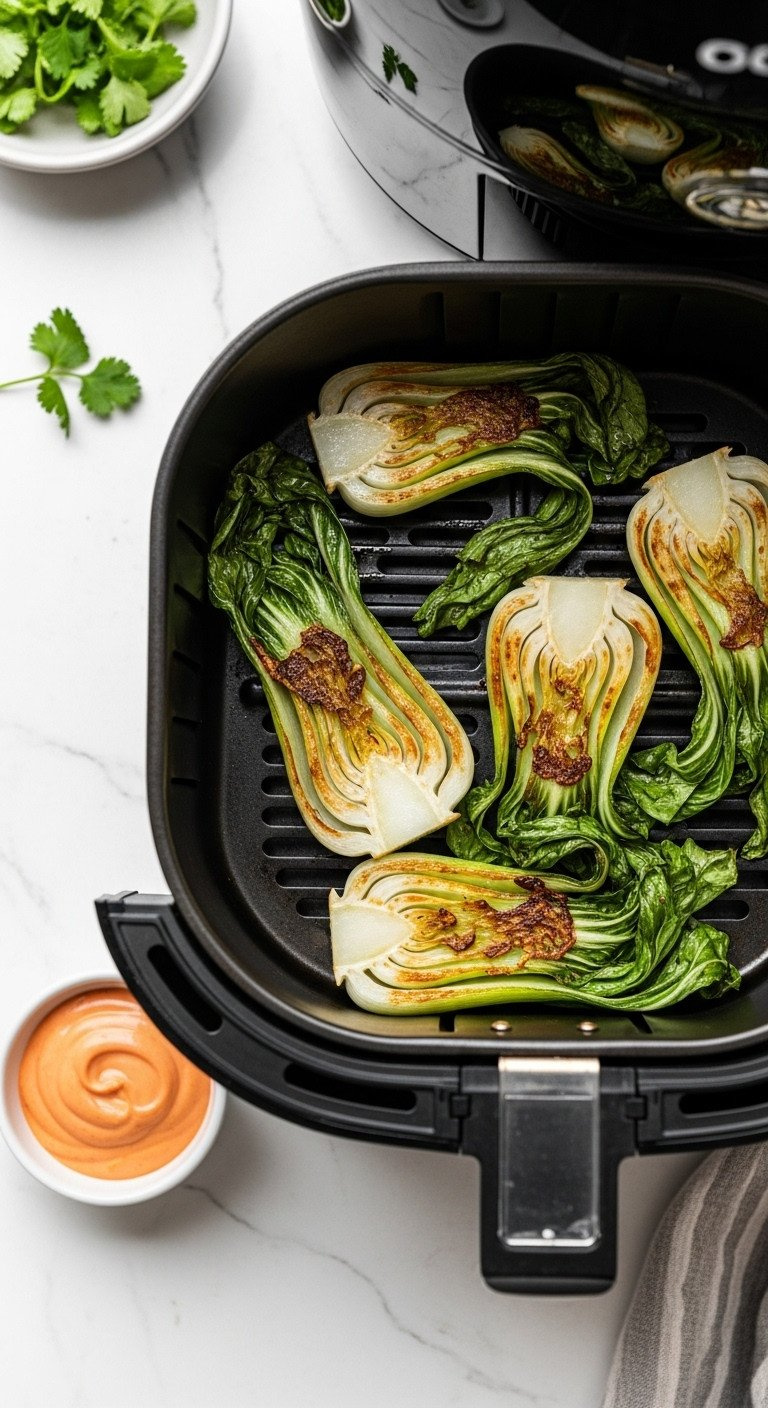 Crispy, Golden-Edged Air Fryer Bok Choy In The Appliance Basket Next To A Small Bowl Of Sriracha Mayo. A Quick Healthy Recipe.