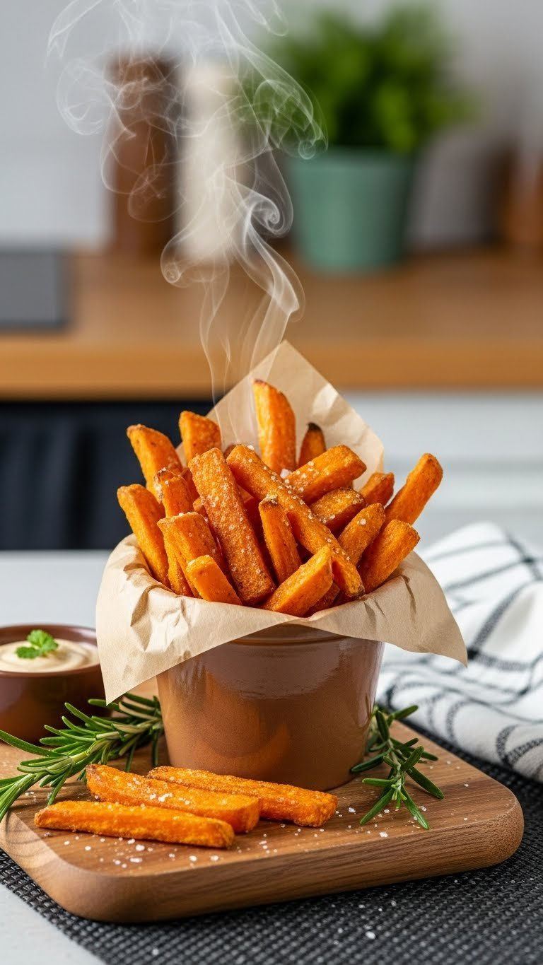 Crispy Golden-Orange Sweet Potato Fries Seasoned With Paprika In Rustic Paper Cone On Wood Cutting Board