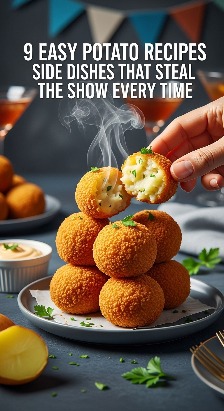 Crispy Golden Potato Croquettes Stacked On A Dark Grey Plate With A Broken Croquette Revealing Creamy Interior And Aioli
