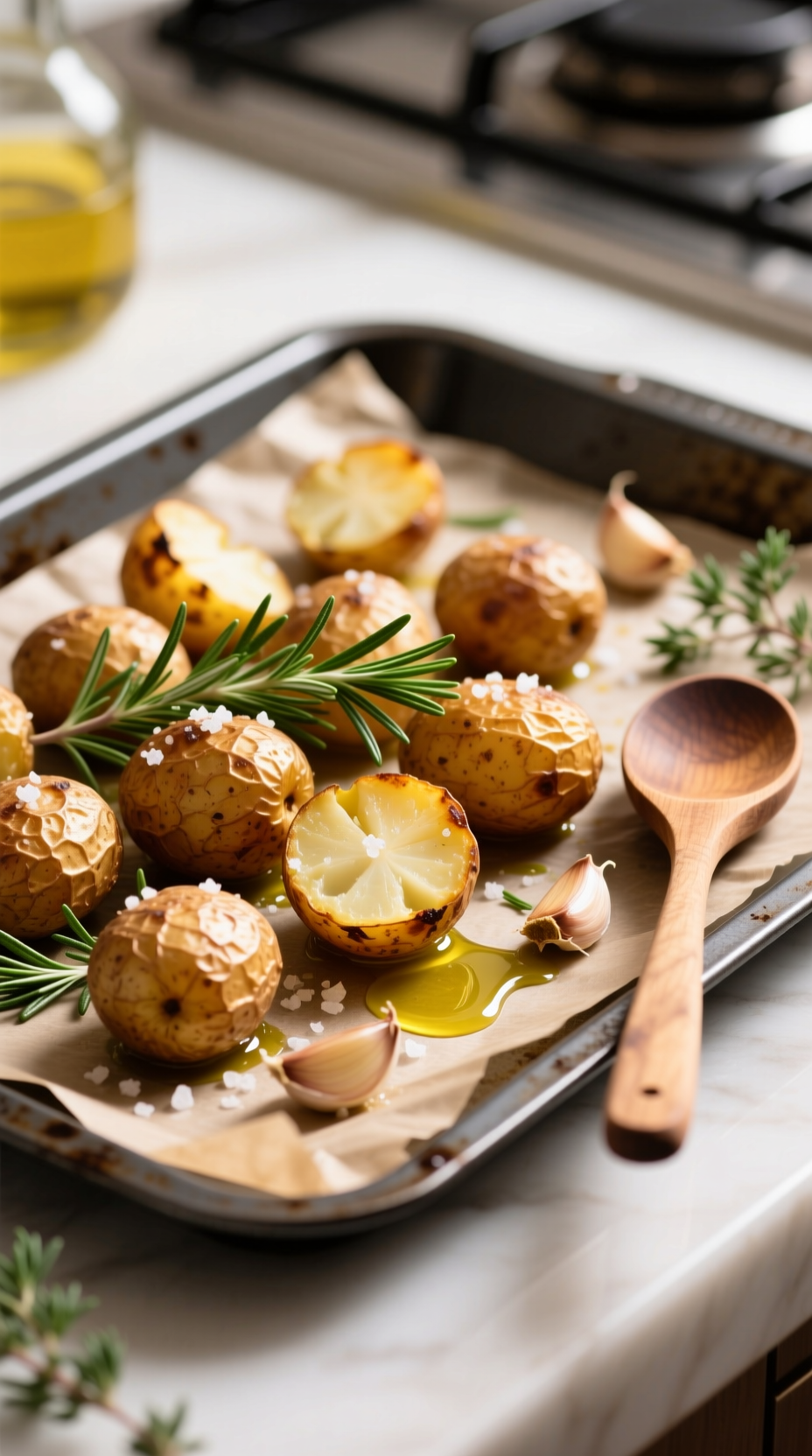 Crispy Golden Roasted Potatoes With Rosemary, Sea Salt, And Garlic Cloves On A Dark Metal Roasting Sheet For A Side Dish.