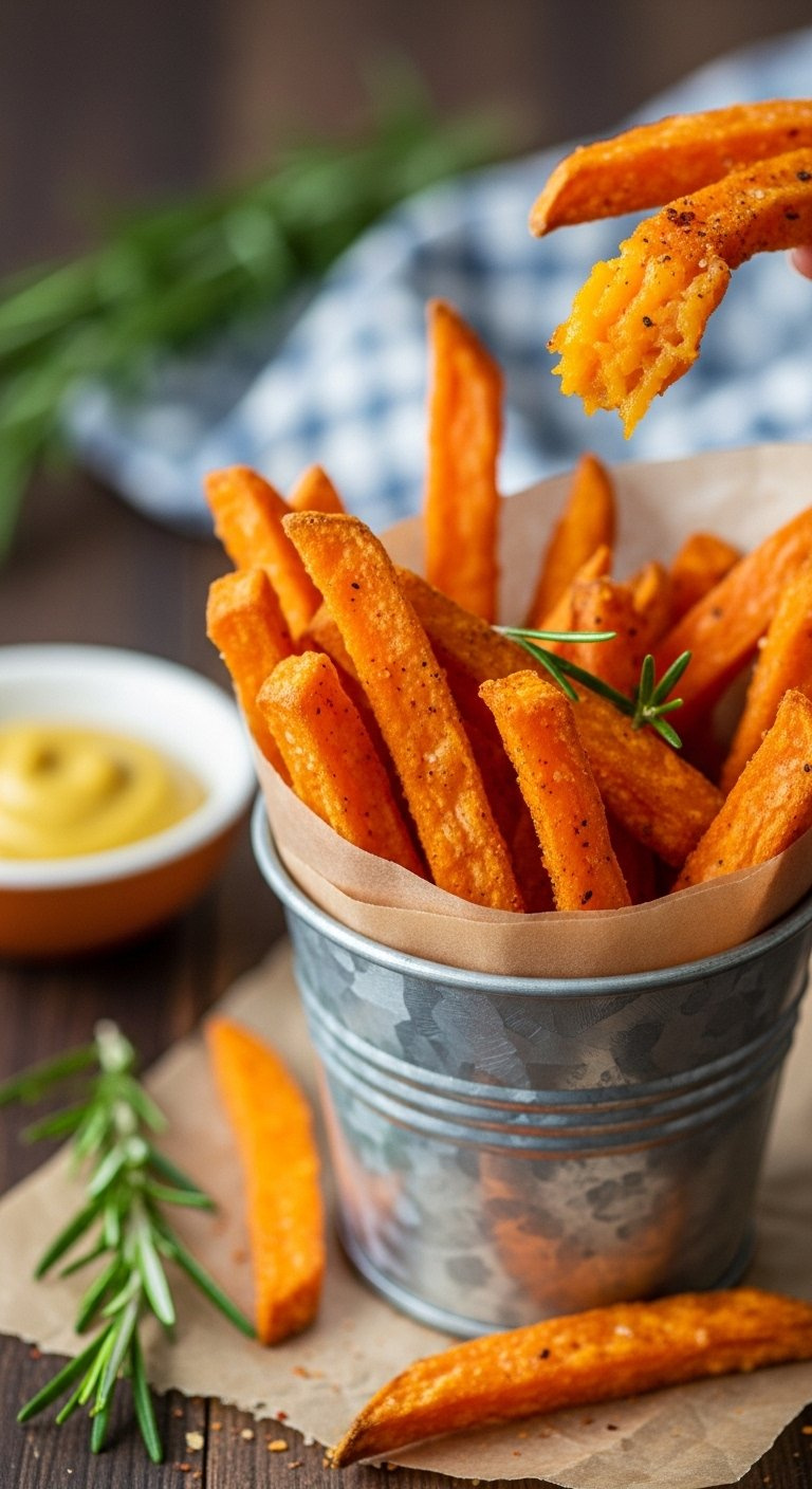 Crispy Golden Sweet Potato Fries In A Rustic Metal Bucket.