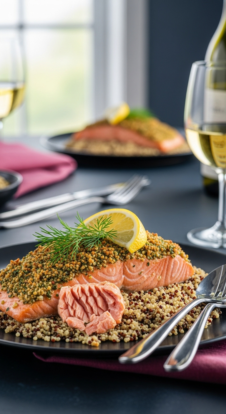 Crispy Herb Crusted Air Fried Salmon Fillet On Quinoa With Dill And Lemon On A Dark Plate With Cutlery And Wine
