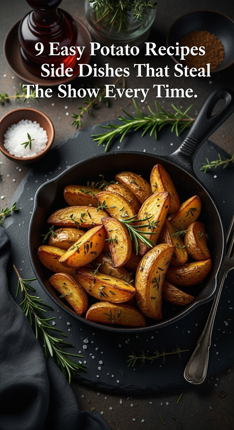 Crispy Herb Roasted Potato Wedges In A Cast-Iron Skillet On A Dark Slate Surface With Scattered Rosemary And A Vintage Fork