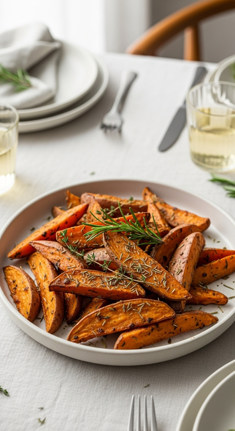 Crispy Herbal Air Fryer Sweet Potato Wedges With Rosemary And Thyme In A Light Serving Dish With A Fork And White Wine