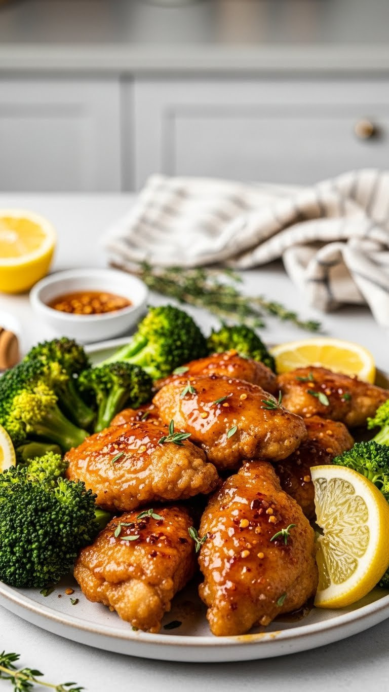 Crispy Hot Honey Chicken With Roasted Broccoli And Lemon Wedges On Ceramic Platter In Warm Golden Light