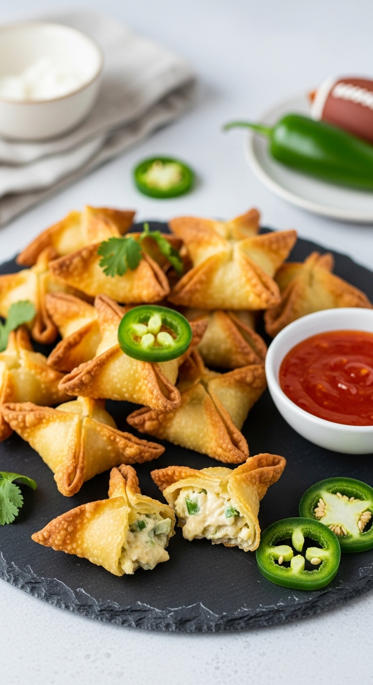Crispy Jalapeño Popper Wontons With Creamy Filling On Dark Slate With Sweet Chili Sauce And Jalapeño Slices