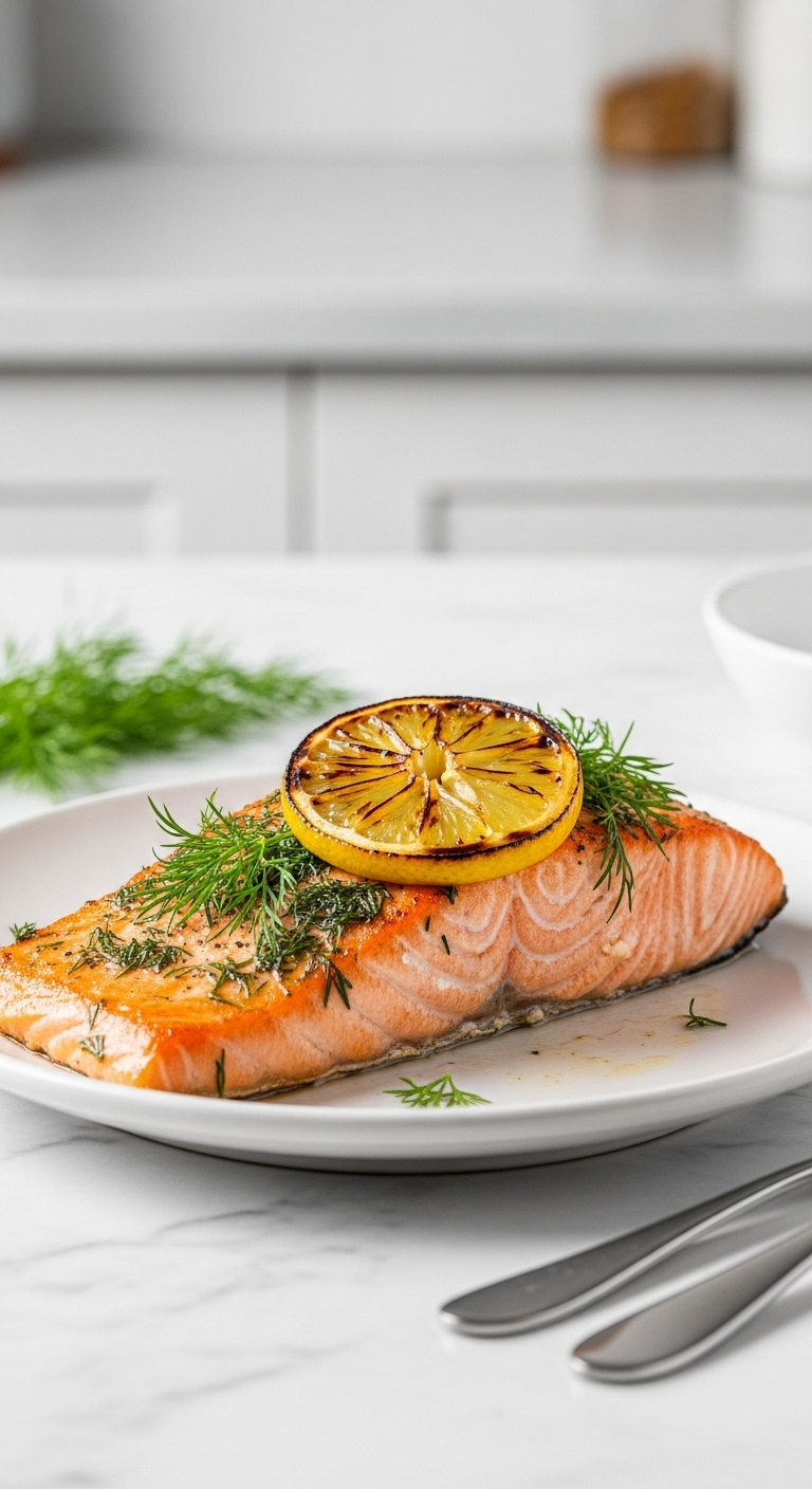 Crispy Lemon Garlic Dill Salmon Fillet With Fresh Dill And Charred Lemon Slice On A White Plate On Marble Countertop