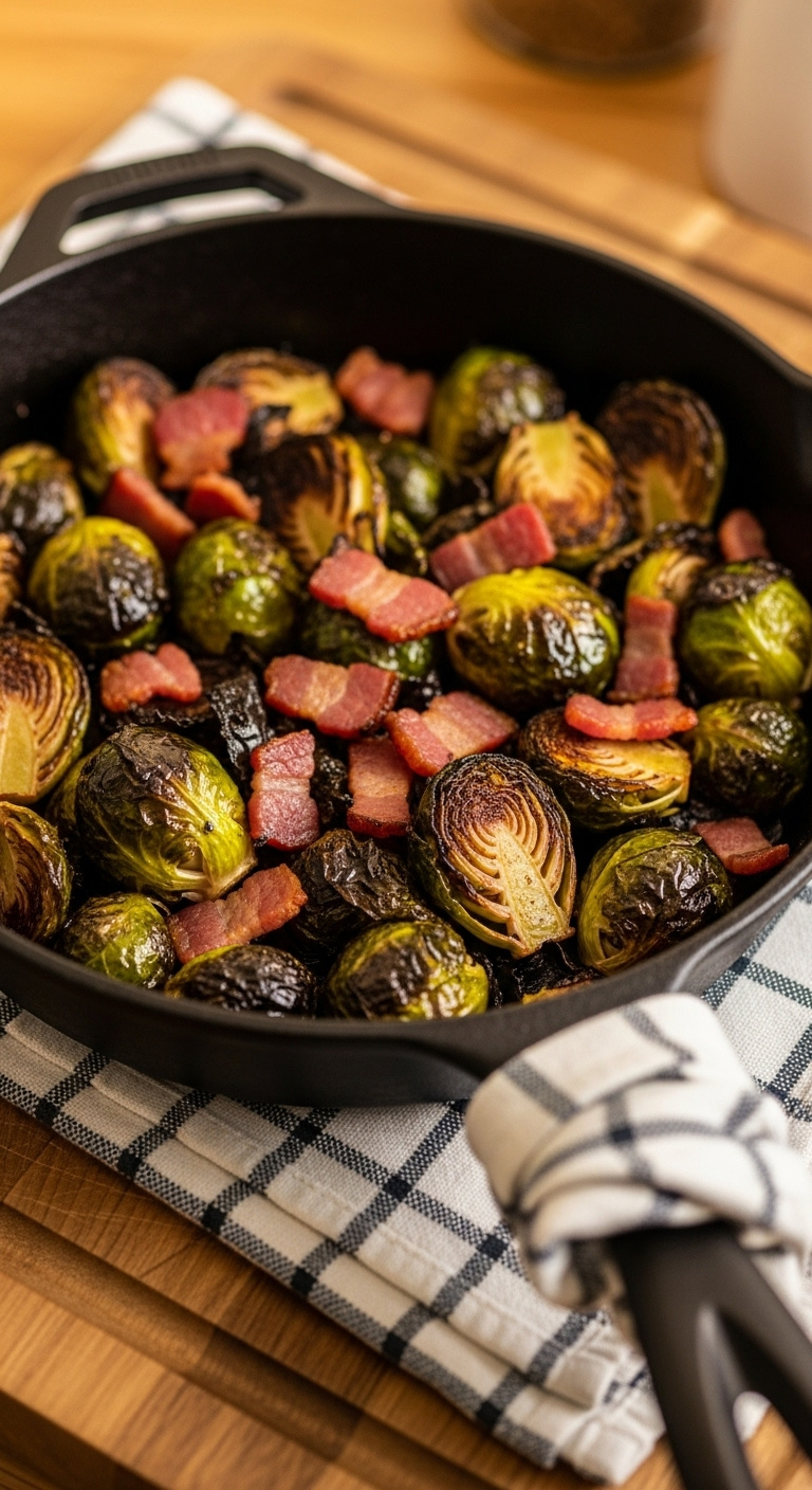 Crispy Oven Roasted Brussels Sprouts With Bacon In A Cast Iron Skillet On A Checkered Towel And Wooden Board