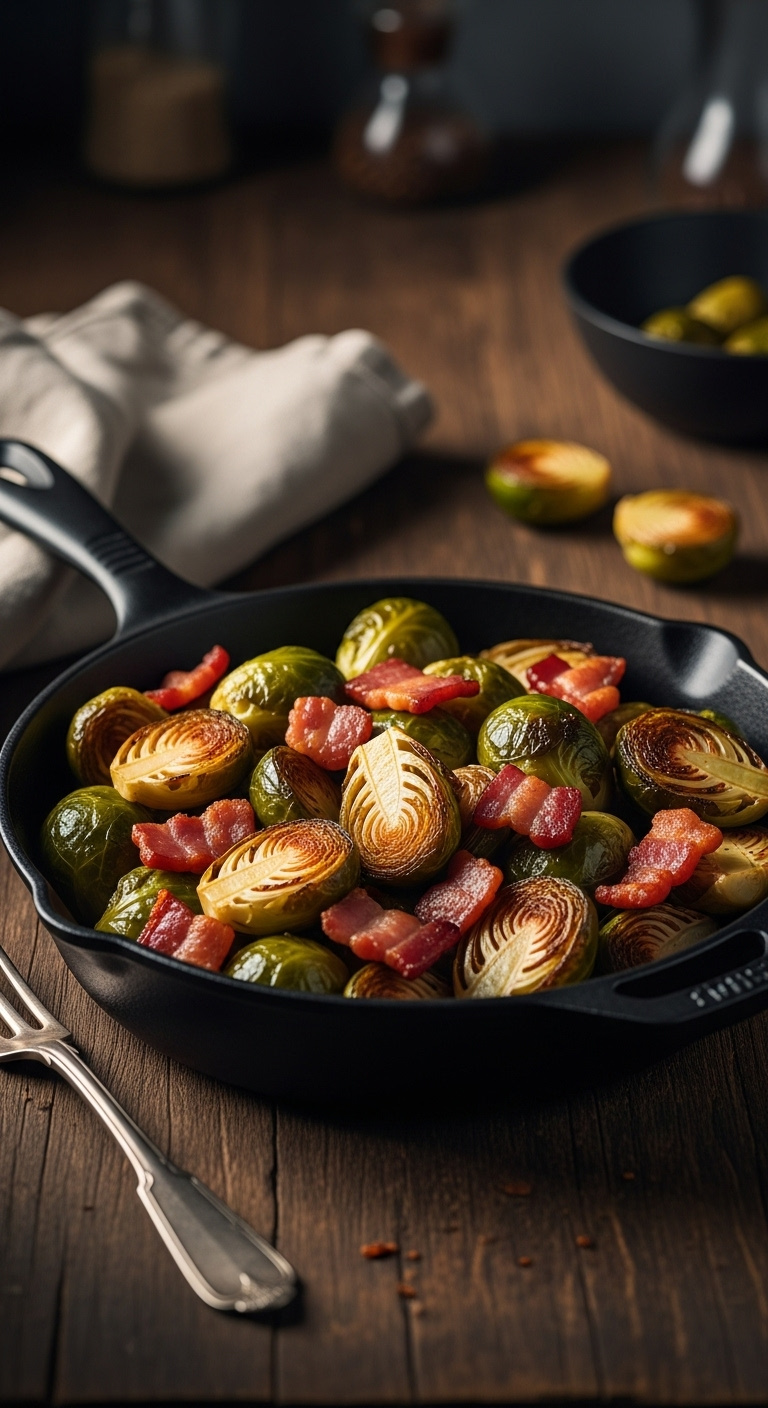 Crispy Oven-Roasted Brussels Sprouts With Bacon In A Cast Iron Skillet On A Rustic Wood Table With Soft Lighting