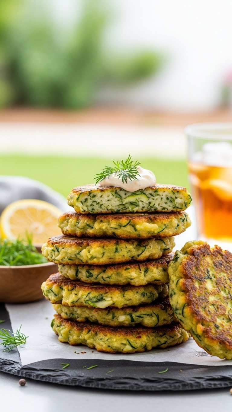 Crispy Paleo Zucchini Fritters Stack With Herbs On Rustic Slate Platter With Lemon Wedge