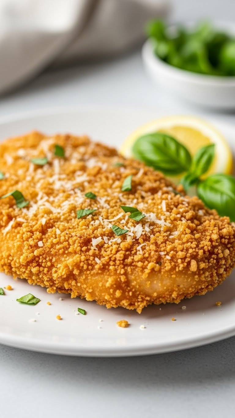 Crispy Parmesan Crusted Chicken Cutlet With Golden Crunchy Coating On White Ceramic Dinner Plate