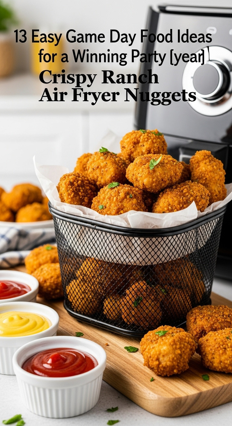 Crispy Ranch Air Fryer Nuggets In A Modern Air Fryer Basket With Dipping Sauces On A Wooden Board