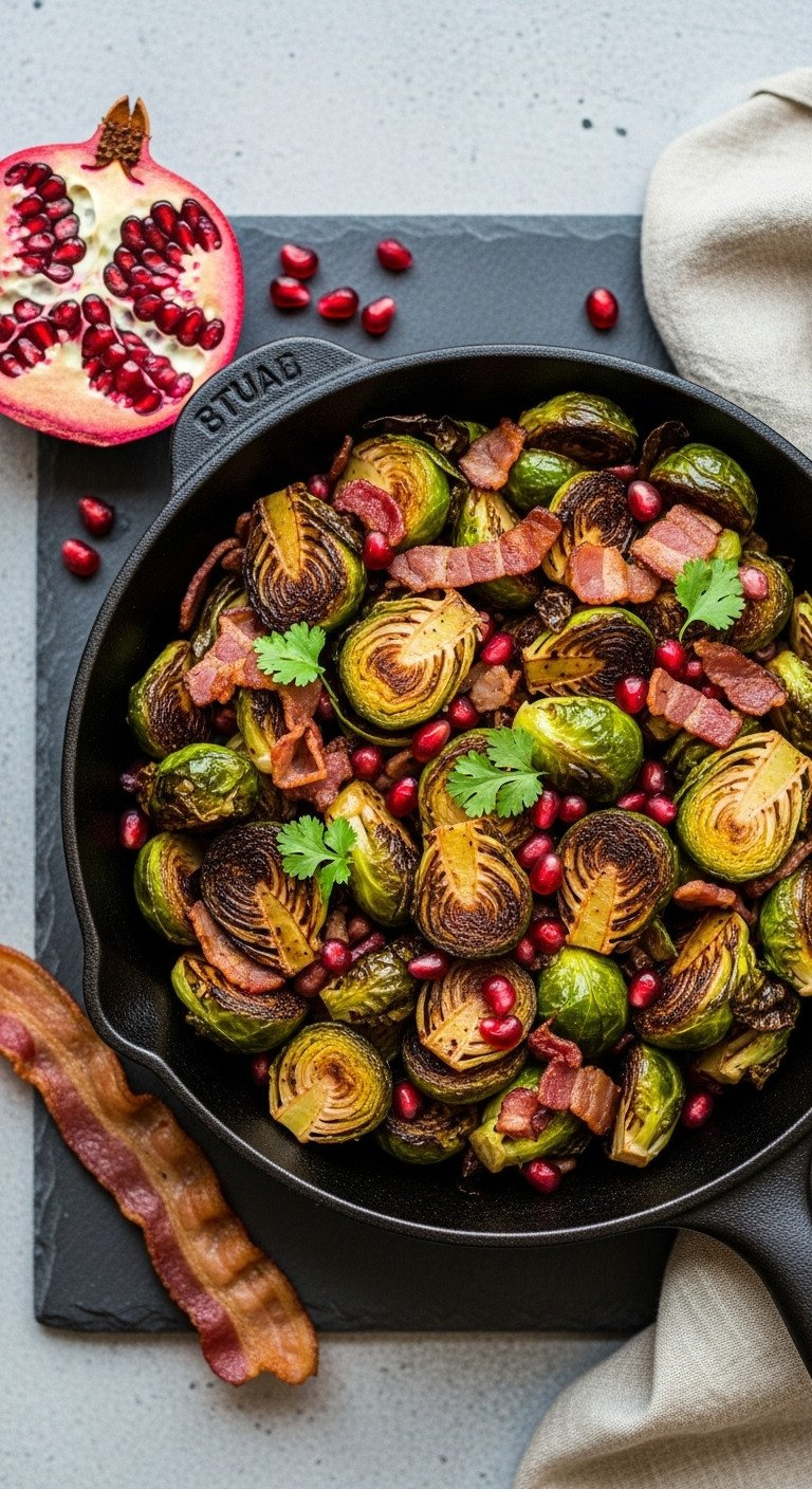 Crispy Roasted Brussels Sprouts With Bacon And Pomegranate Arils In A Cast Iron Skillet On A Dark Slate, A Festive Side.
