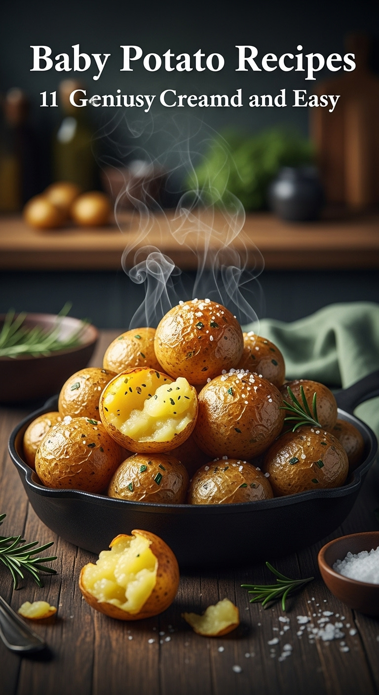 Crispy Roasted Baby Potatoes In A Cast-Iron Skillet On A Rustic Wood Table With Rosemary And Sea Salt