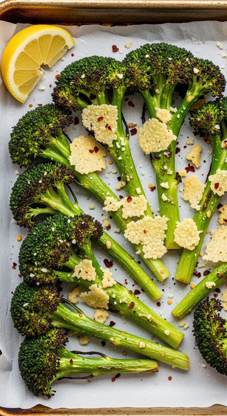 Crispy Roasted Broccoli Florets With Golden Parmesan And Garlic On Parchment Paper, Garnished With Lemon And Pepper Flakes.