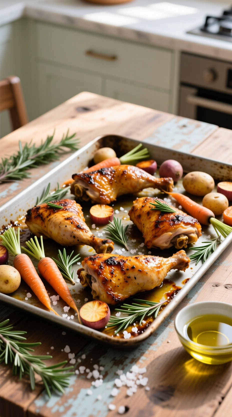Crispy Roasted Chicken Thighs, Caramelized Root Vegetables With Rosemary, Olive Oil, On A Sheet Pan On A Rustic Wooden Table.