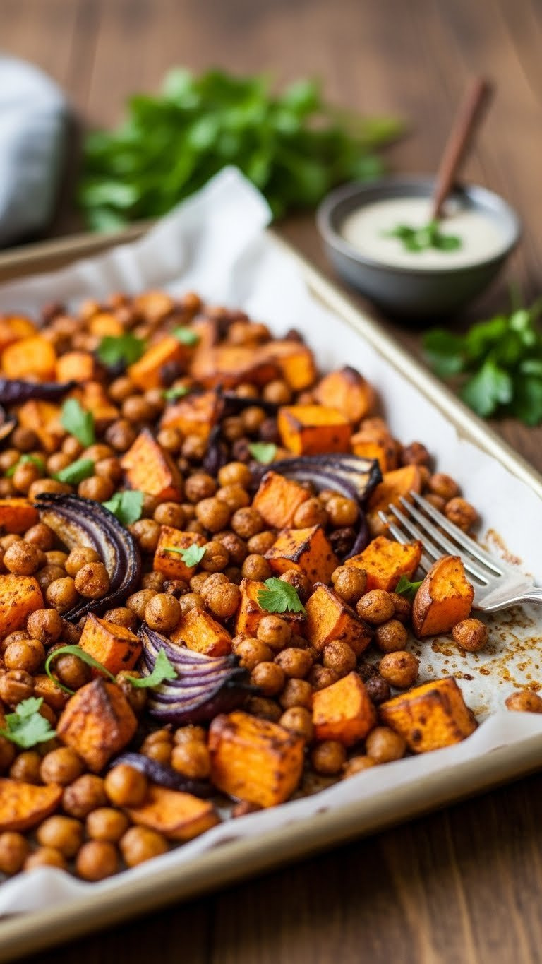 Crispy Roasted Chickpeas With Caramelized Sweet Potatoes And Red Onions On A Parchment-Lined Baking Sheet With Tahini Dressing.