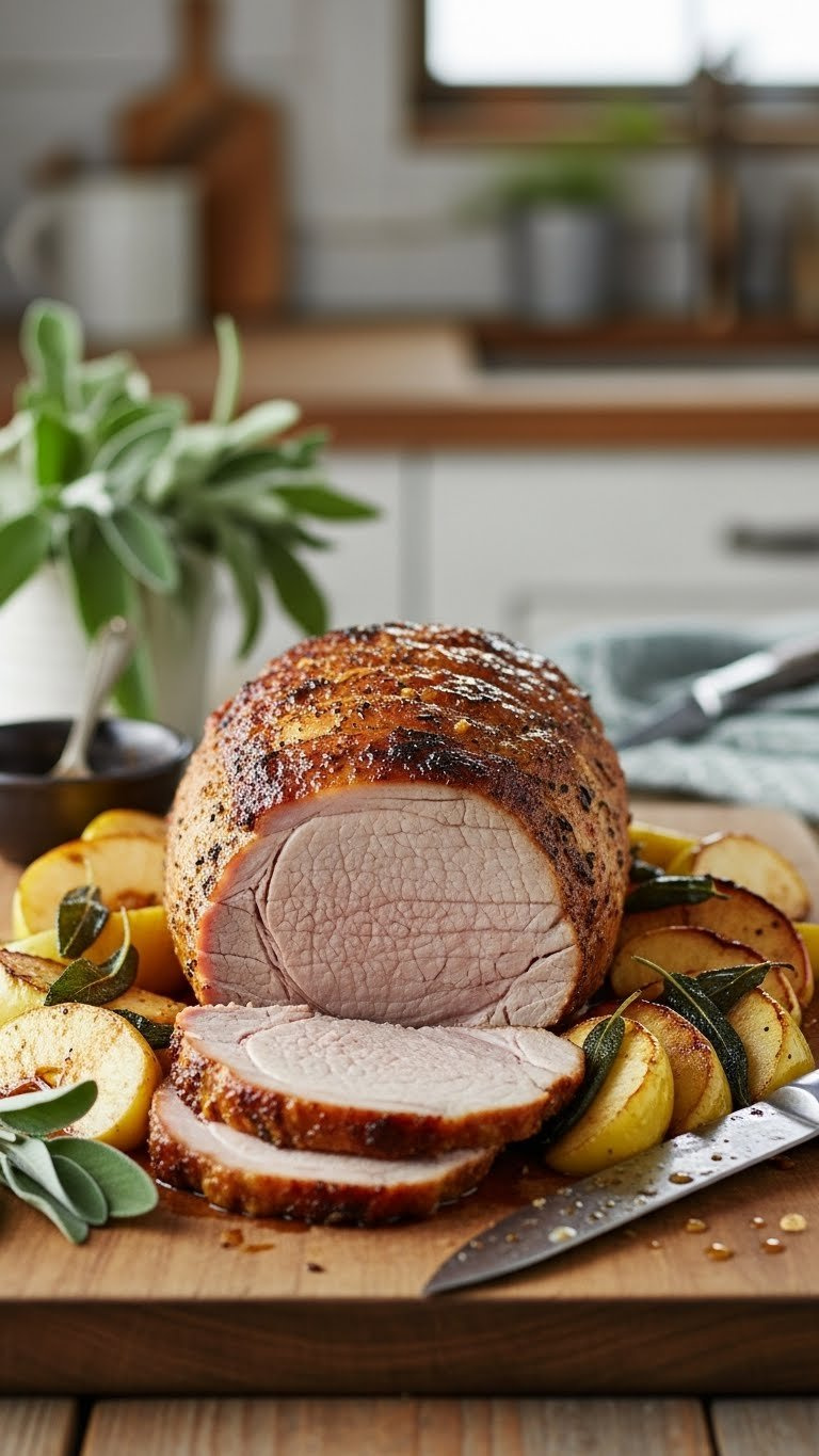 Crispy Roasted Pork Loin With Caramelized Apple Wedges And Fresh Sage Leaves On Wooden Board