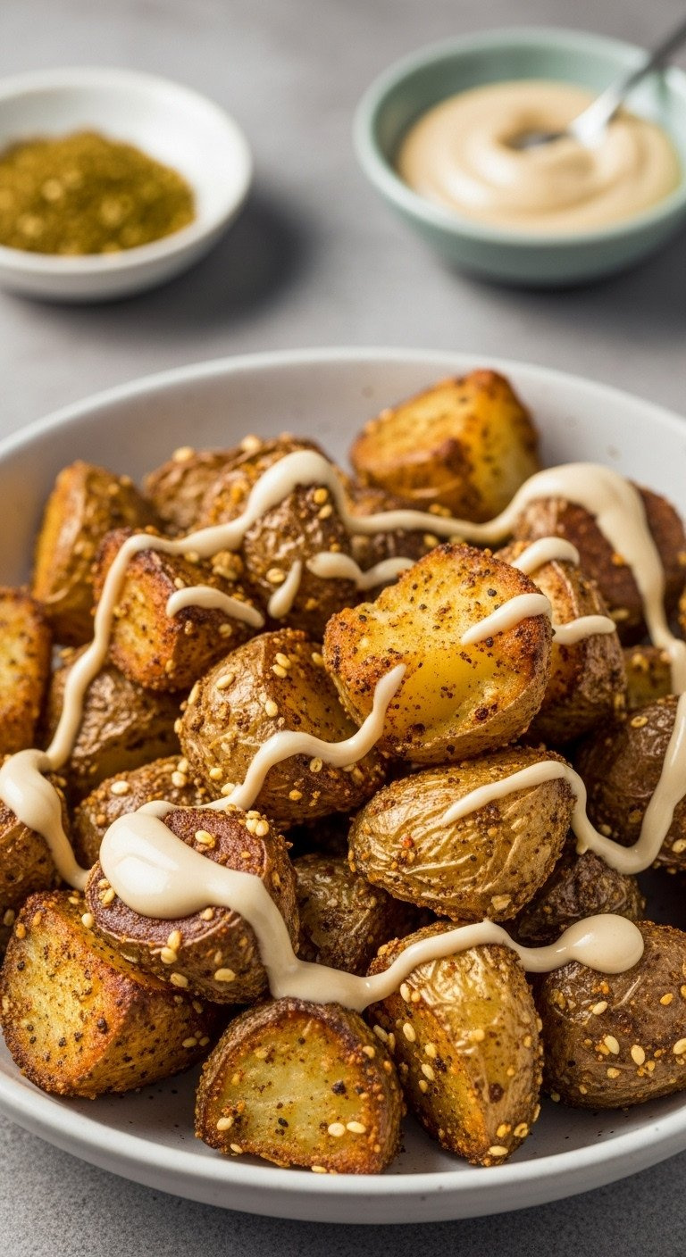 Crispy Roasted Potato Chunks With Za'atar Spice, Lemon-Tahini Sauce In A Bowl On A Neutral Surface, Vibrant And Unique Side.