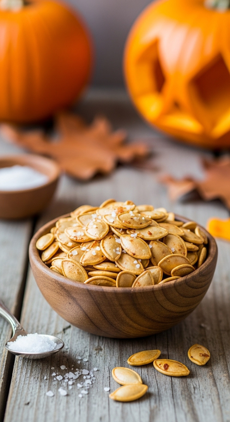 Crispy Roasted Pumpkin Seeds With Sea Salt, In A Rustic Bowl On Distressed Wood, With Blurred Autumn Leaves Backdrop.