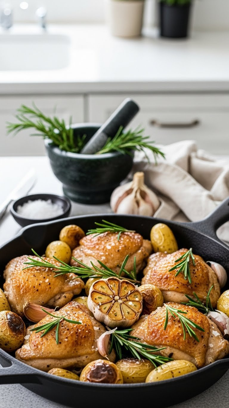 Crispy Rosemary Garlic Chicken Thighs With Baby Potatoes In Cast Iron Skillet With Fresh Herbs