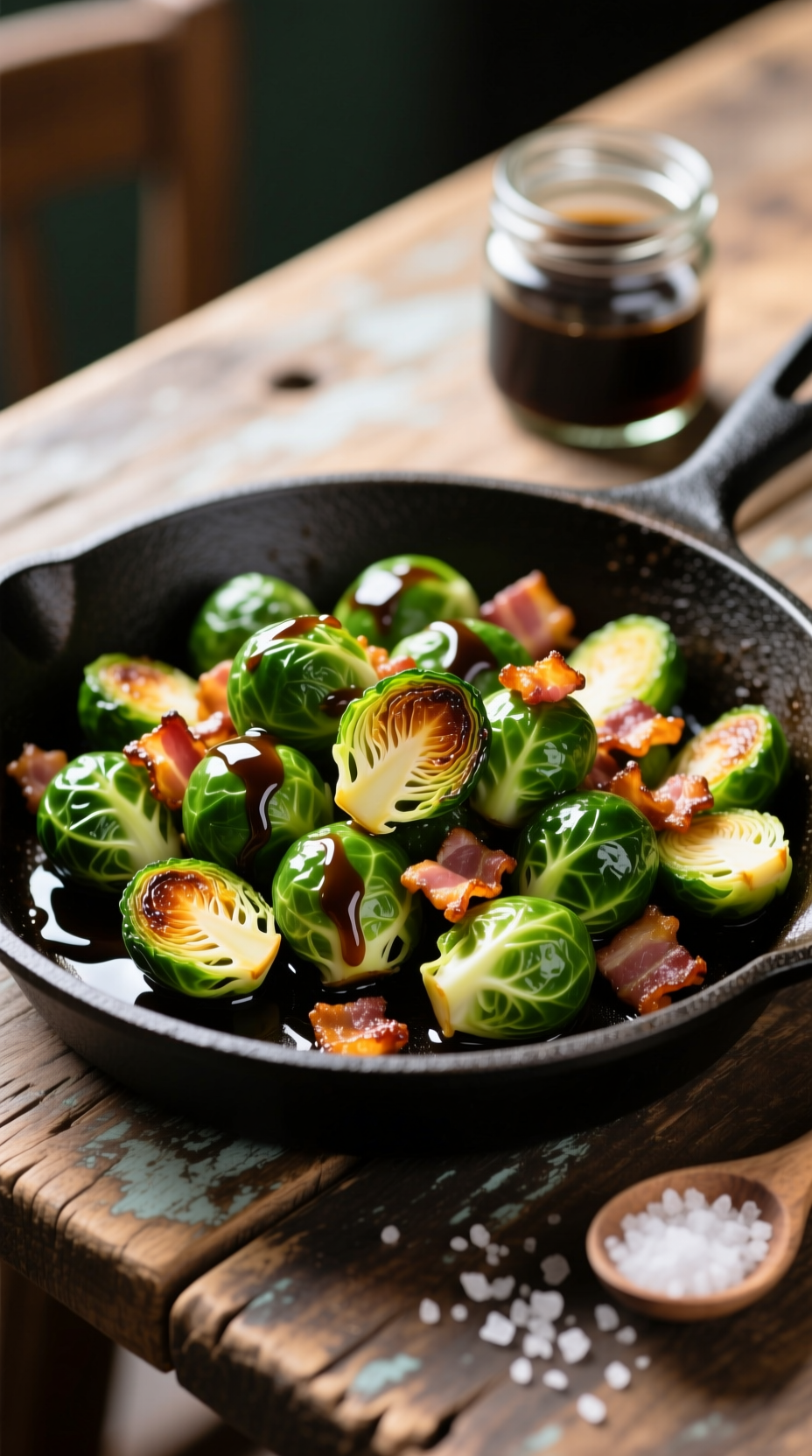 Crispy Sautéed Brussels Sprouts With Caramelized Edges, Bacon, And Balsamic Glaze In A Cast-Iron Skillet On Rustic Wood.