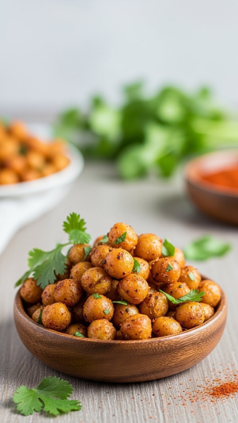 Crispy Savory Roasted Chickpea Bites Seasoned With Herbs In Dark Wooden Bowl