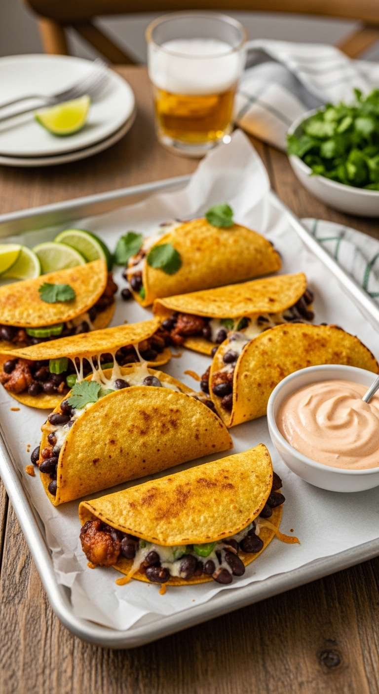 Crispy Sheet Pan Black Bean Tacos With Melted Cheese And Chipotle Crema On A Rustic Wooden Table With Lime And Cilantro