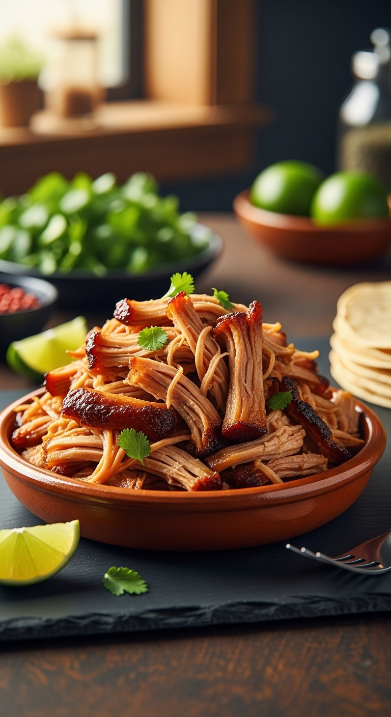 Crispy Shredded Ninja Foodi Pork Carnitas In A Terracotta Bowl With Lime Cilantro And Warm Tortillas