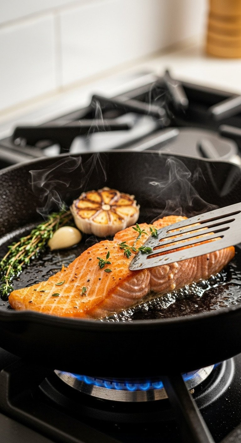 Crispy Skin Salmon Fillet Pan-Seared In A Cast-Iron Skillet, Being Pressed With A Spatula To Get A Perfect Golden Crust.