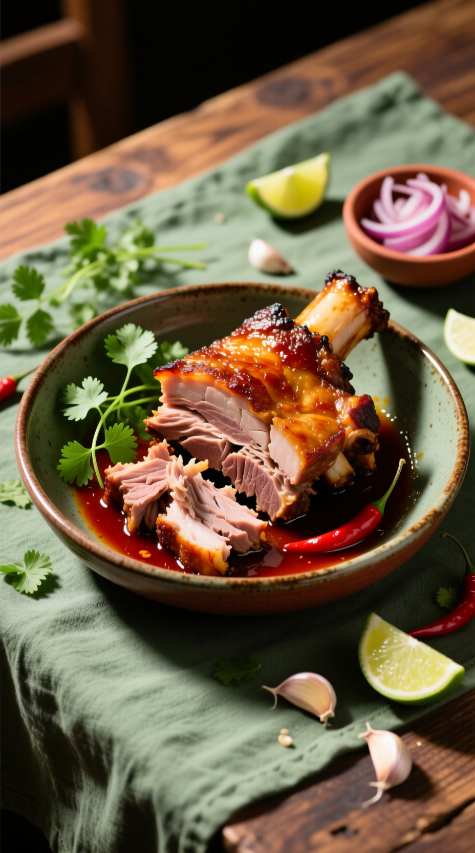 Crispy Slow-Roasted Pernil Pork Shoulder With Golden Chicharrón Skin, Tender Shredded Meat, Cilantro, And Lime In A Ceramic Bowl.
