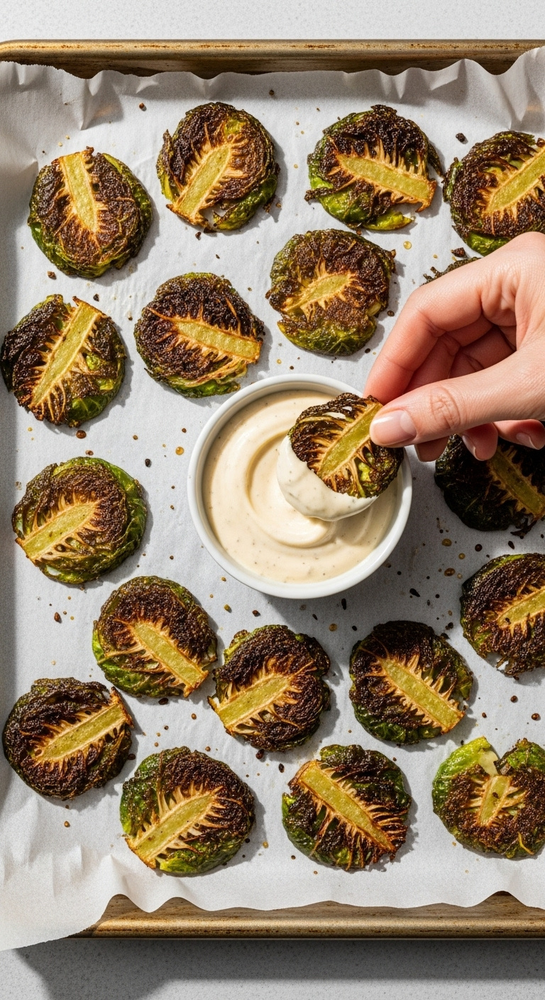 Crispy Smashed Brussels Sprouts On A Baking Sheet With One Dipping Into Creamy Garlic Aioli On A Light Gray Surface