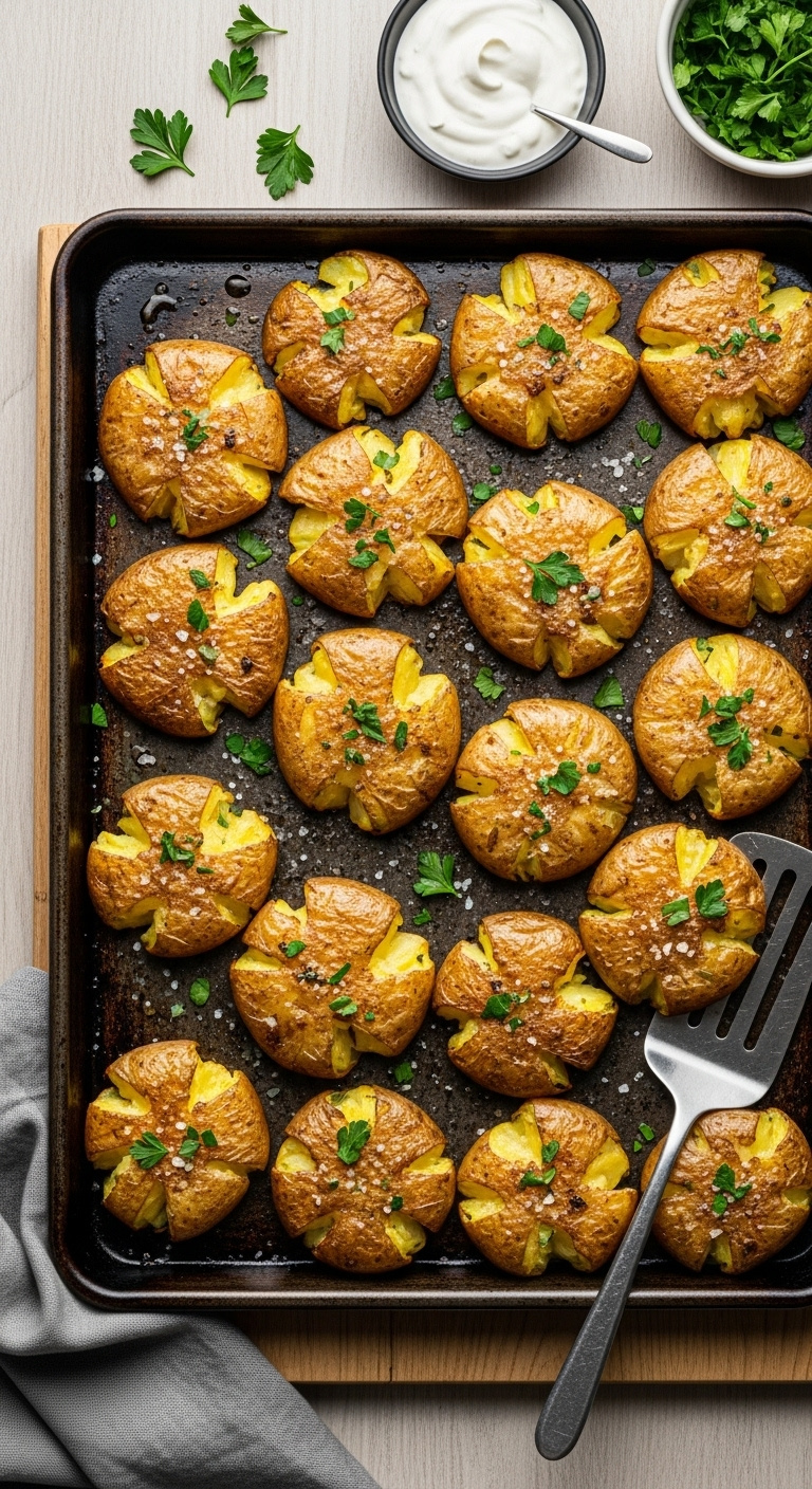 Crispy Smashed Potatoes On A Dark Metal Baking Sheet With Fresh Parsley And Sea Salt Flakes On A Light Wooden Surface