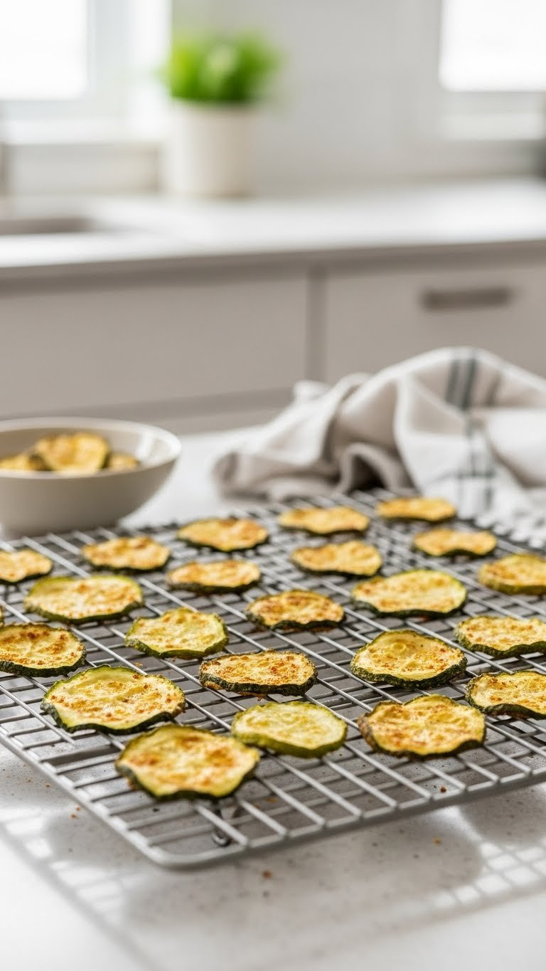 Crispy Zucchini Chips Cooling On Metal Wire Rack With Visible Air Circulation In Natural Kitchen Light.