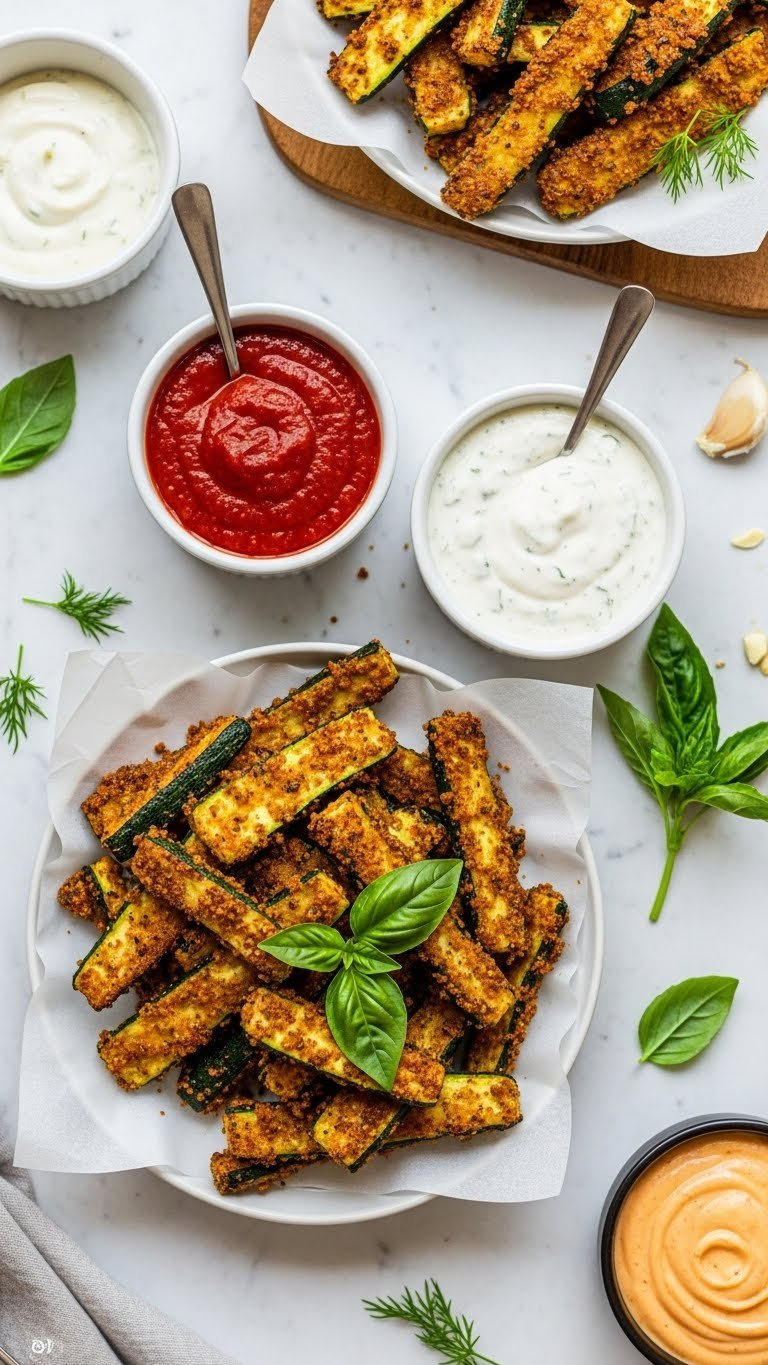 Crispy Zucchini Fries Served With Three Dipping Sauces Including Marinara, Ranch, And Garlic Aioli
