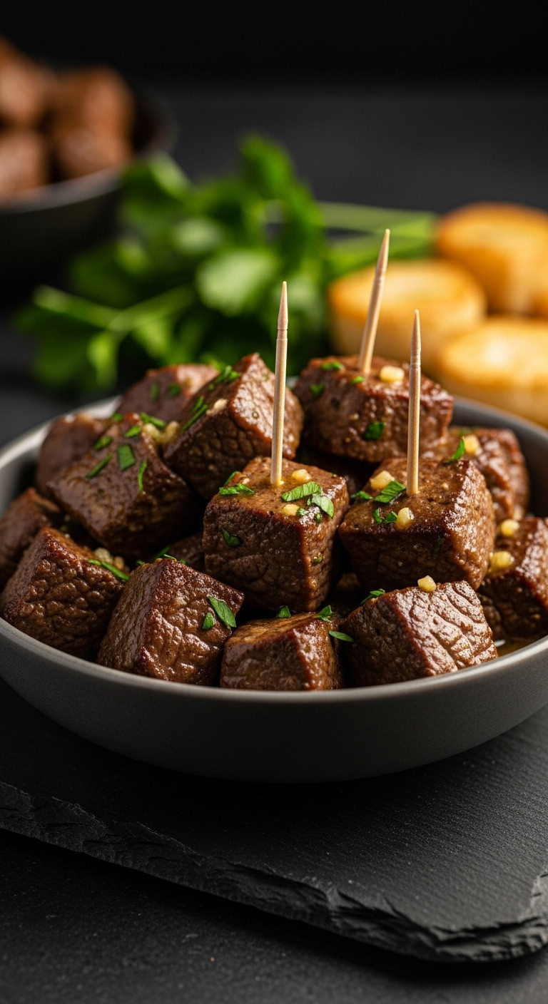 Crock-Pot Garlic Butter Steak Bites Garnished With Parsley And Toothpicks In A Bowl On A Dark Slate Serving Tray