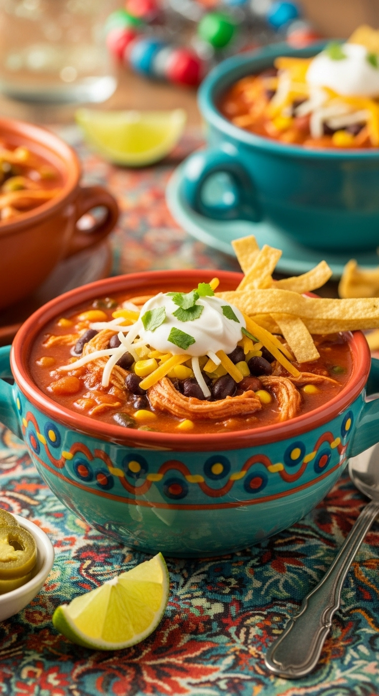 Crockpot Chicken Enchilada Soup With Cheese Sour Cream Tortilla Strips In Mexican Bowl On Patterned Tablecloth With Lime And Jalapeños