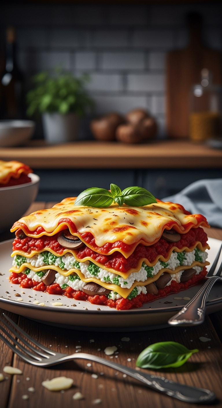 Crockpot Mushroom And Spinach Lasagna Slice With Noodles Ricotta Red Sauce Mozzarella Parmesan Fork And Basil