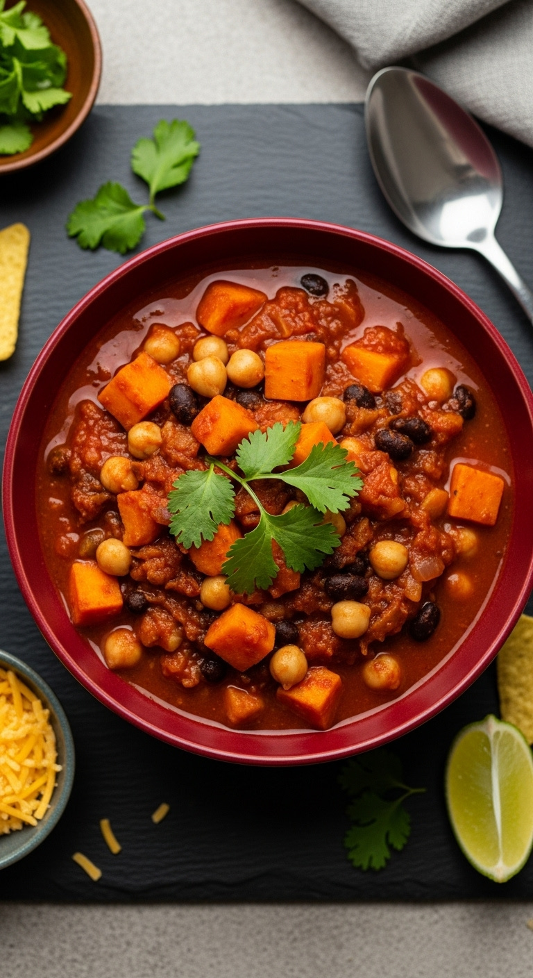 Crockpot Sweet Potato And Chickpea Chili With Black Beans Cilantro Shredded Cheese Lime Wedge And Tortilla Chips