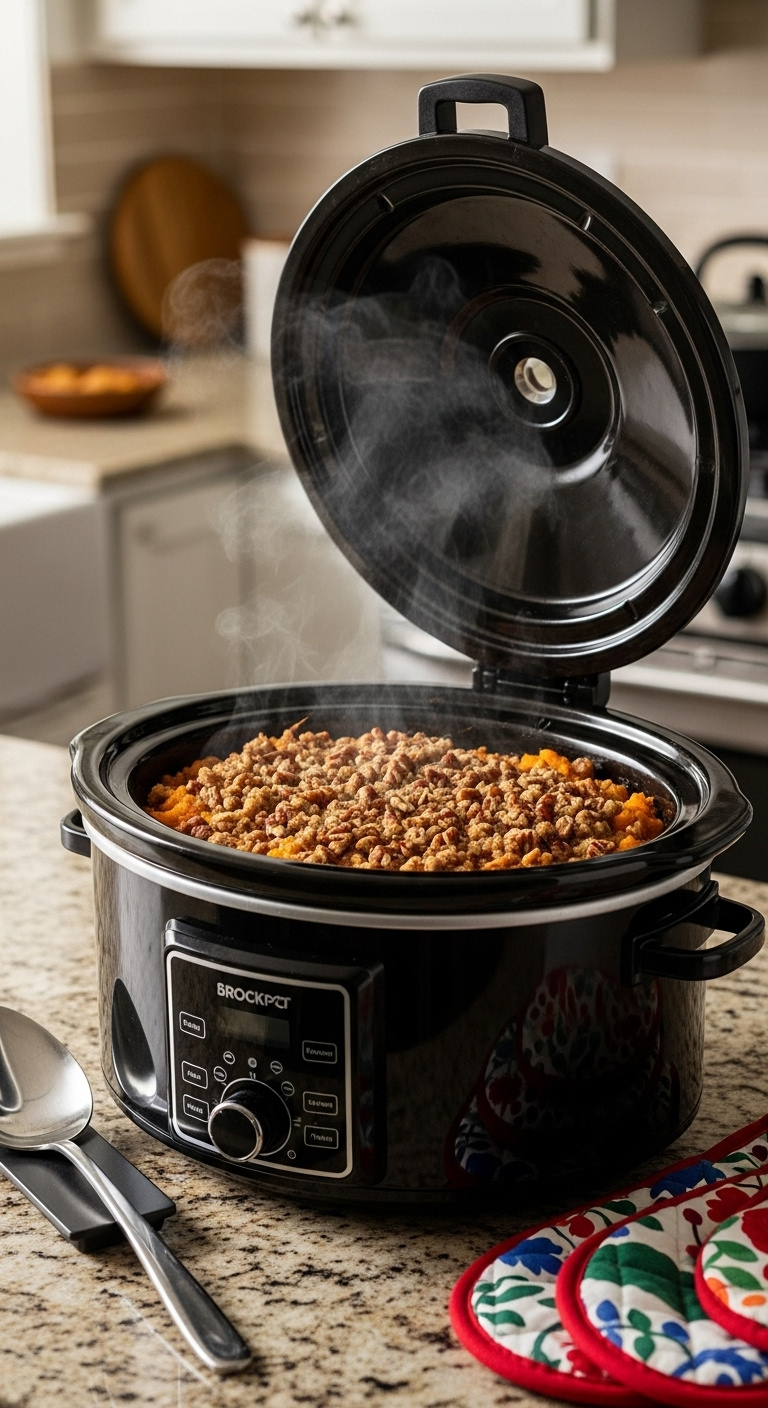 Crockpot Sweet Potato Casserole With Pecan Streusel Topping In A Black Slow Cooker On A Granite Countertop