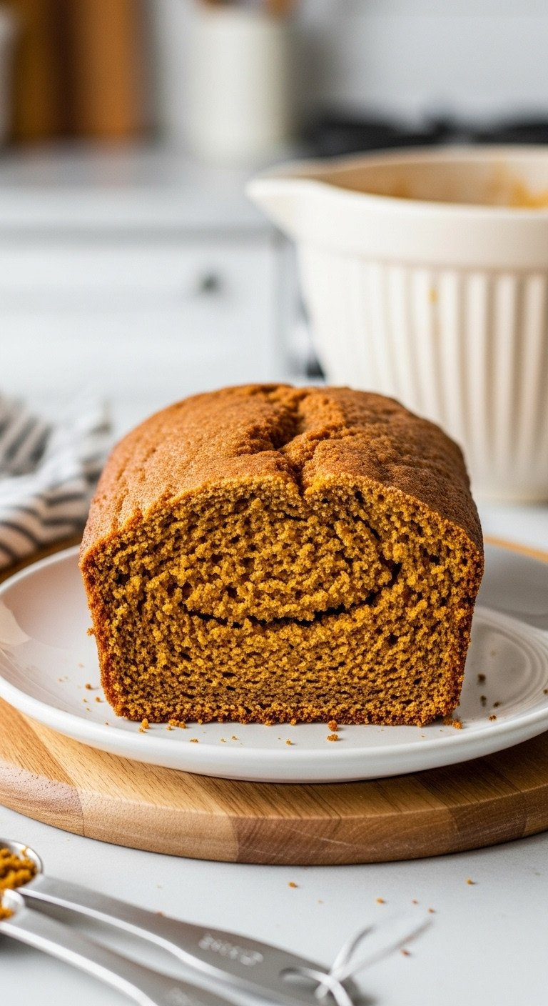 Cross-Section Of Dry, Crumbly, Sunken Pumpkin Bread On White Plate With Measuring Spoons. Baking Failure Shown.