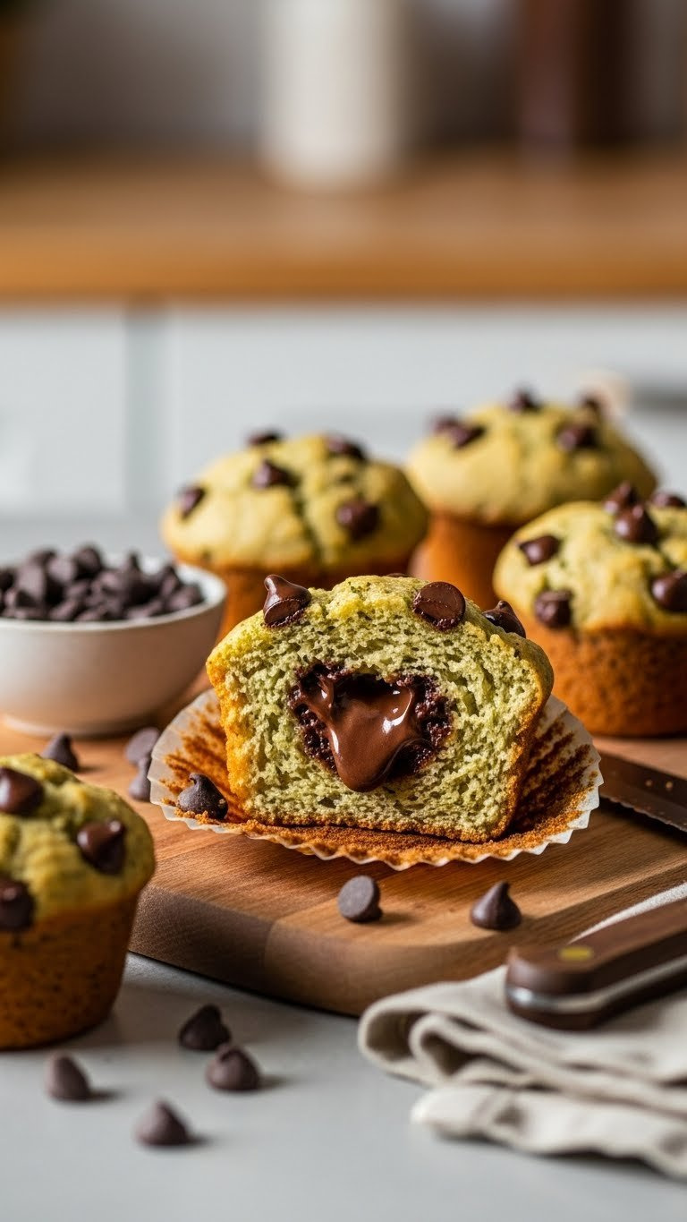 Cross-Section Of Warm Zucchini Muffin Revealing Melted Chocolate Chips And Green-Flecked Crumb On Wooden Cutting Board.